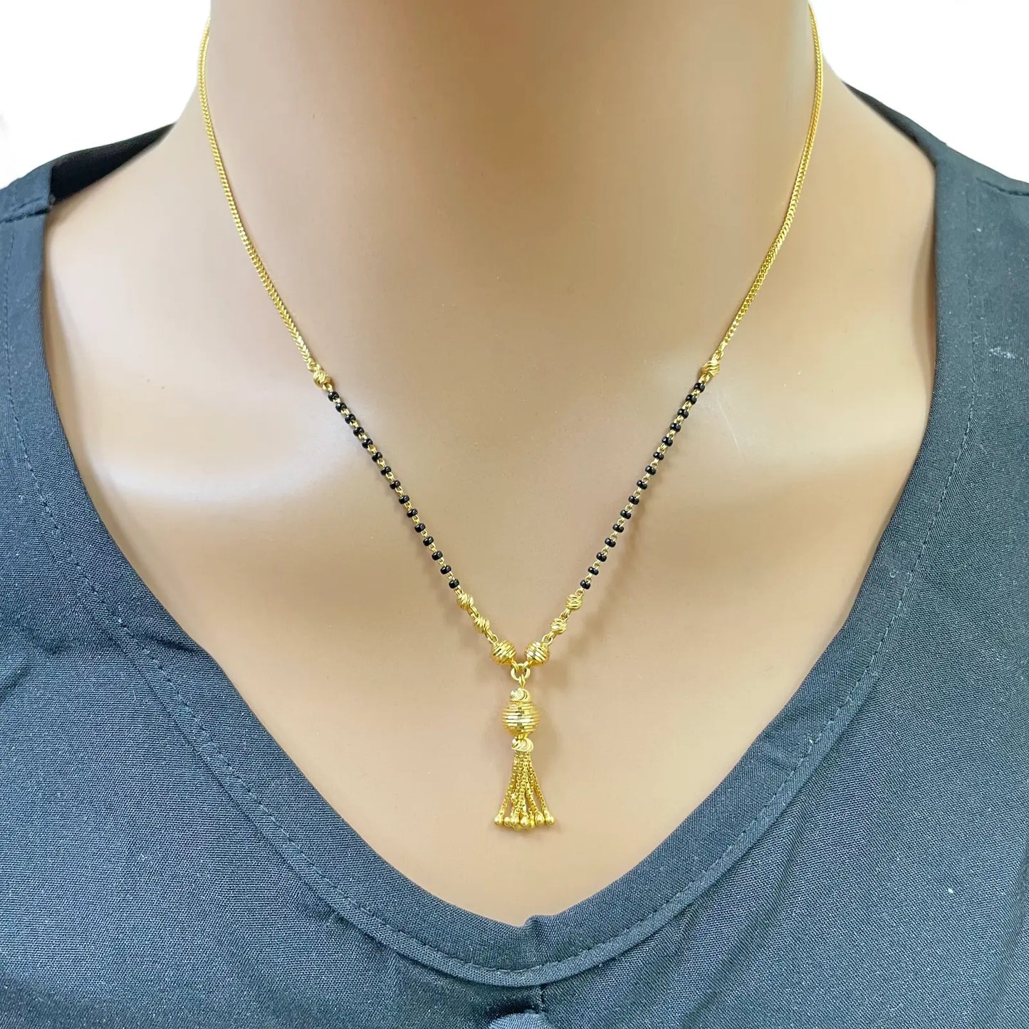 22ct Yellow Gold Diamond-Cut Textured Bead Tassel Drop Black Bead Mangalsutra Necklace  Gold Mangalsutra