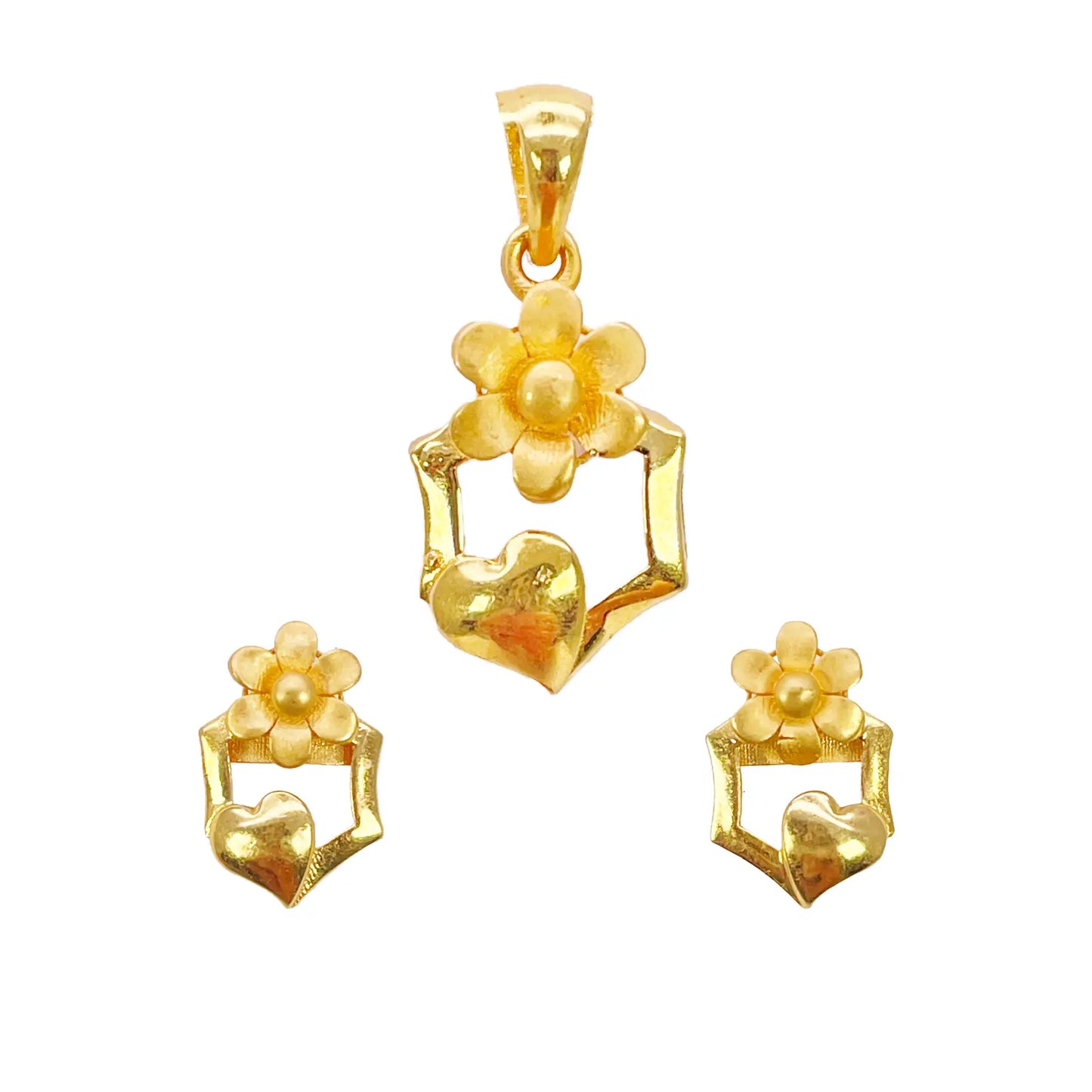 22ct Yellow Gold High Polished Floral Heart Cut Out Pendant Earring Set  Jewelry Set