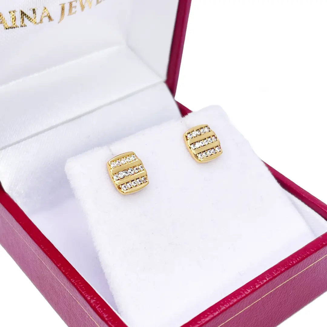 22ct Yellow Gold Square Three Row Cubic Zirconia Button Earrings Set 7mm Length  Gold earring