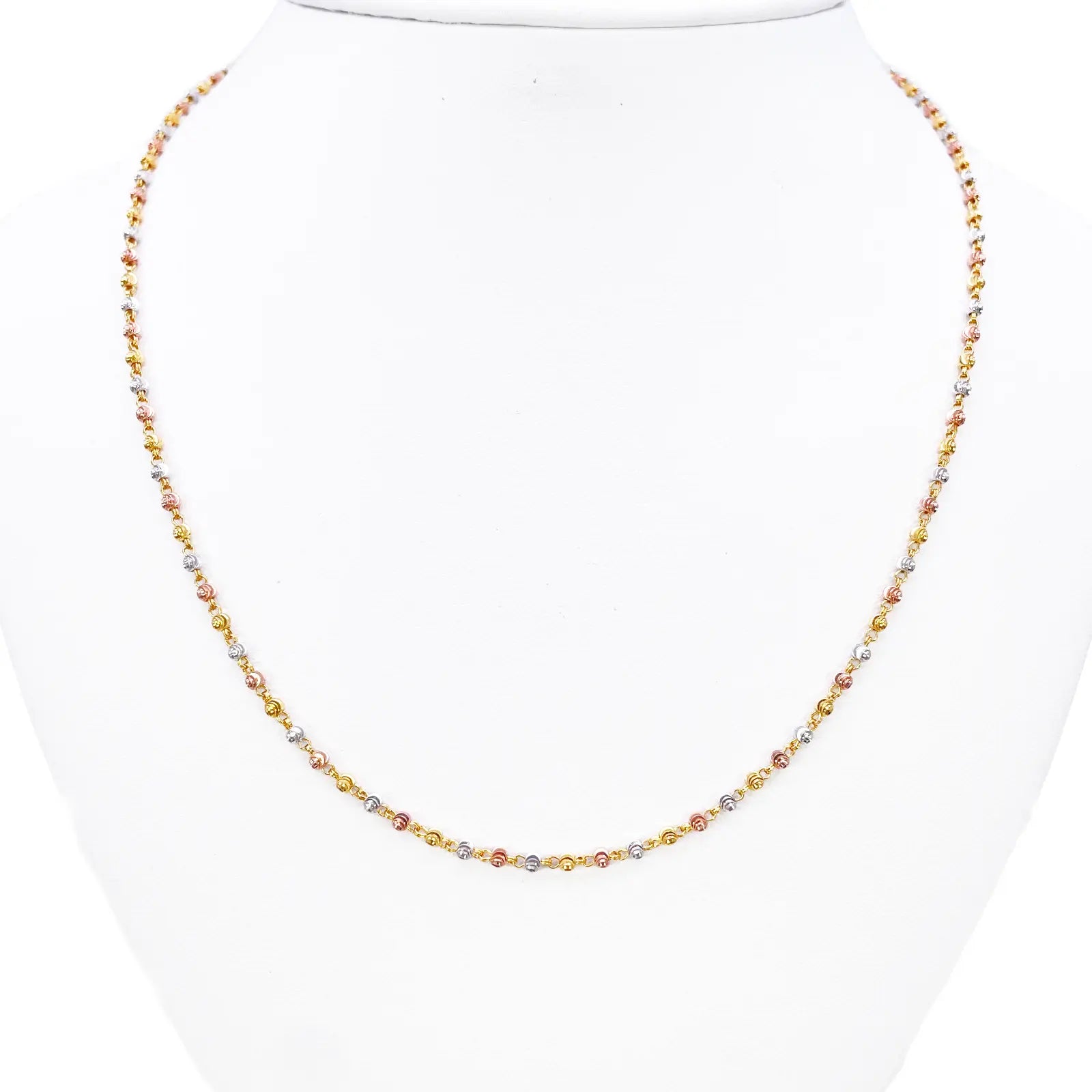 22ct Yellow Gold Tri-Colour Diamond Cut Ball Beaded Necklace 18 Inches 2.3 Width 