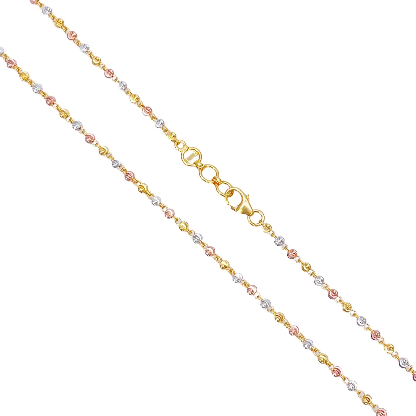 22ct Yellow Gold Tri-Colour Diamond Cut Ball Beaded Necklace 18 Inches 2.3 Width 