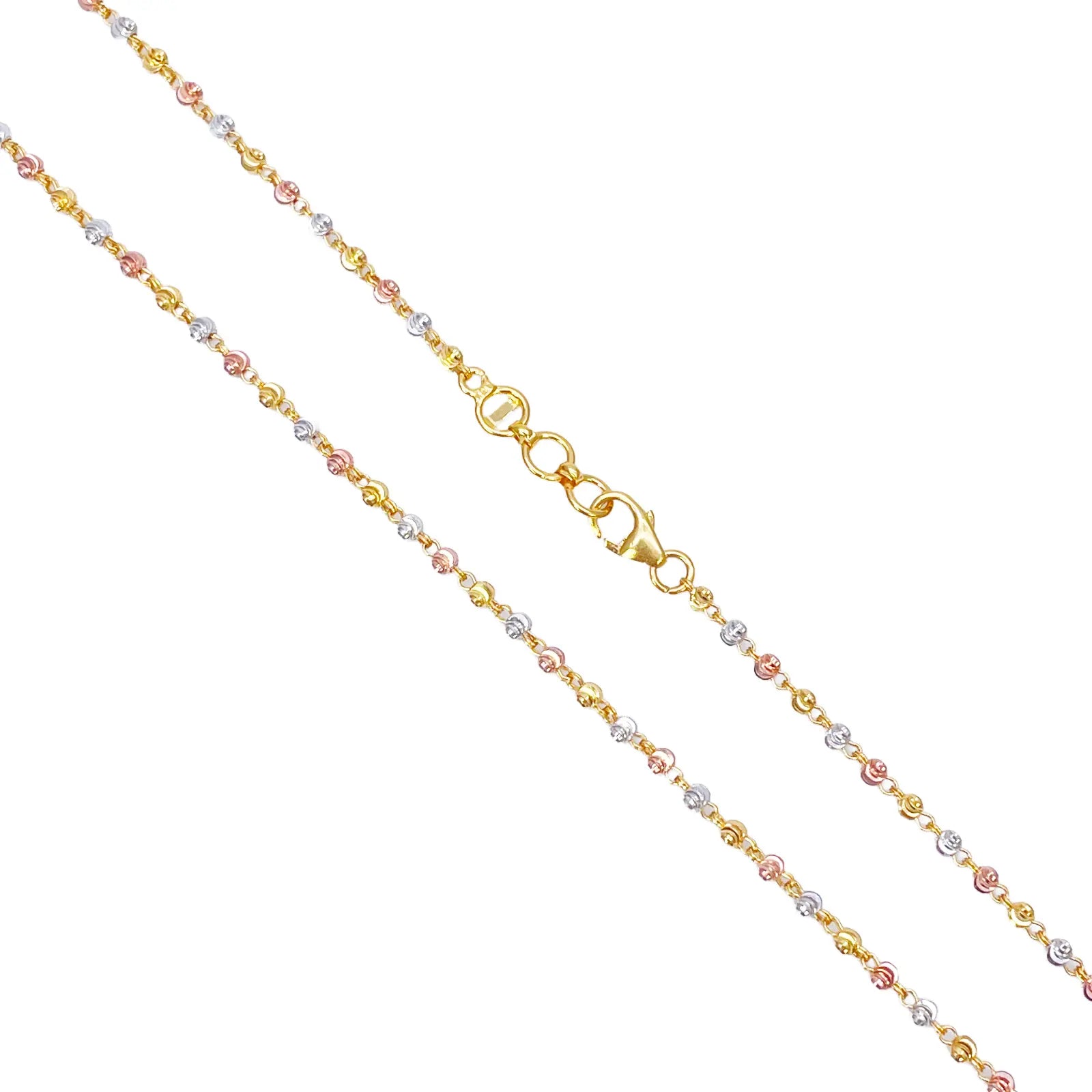 22ct Yellow Gold Tri-Colour Diamond Cut Ball Beaded Necklace 18 Inches 2.3 Width 