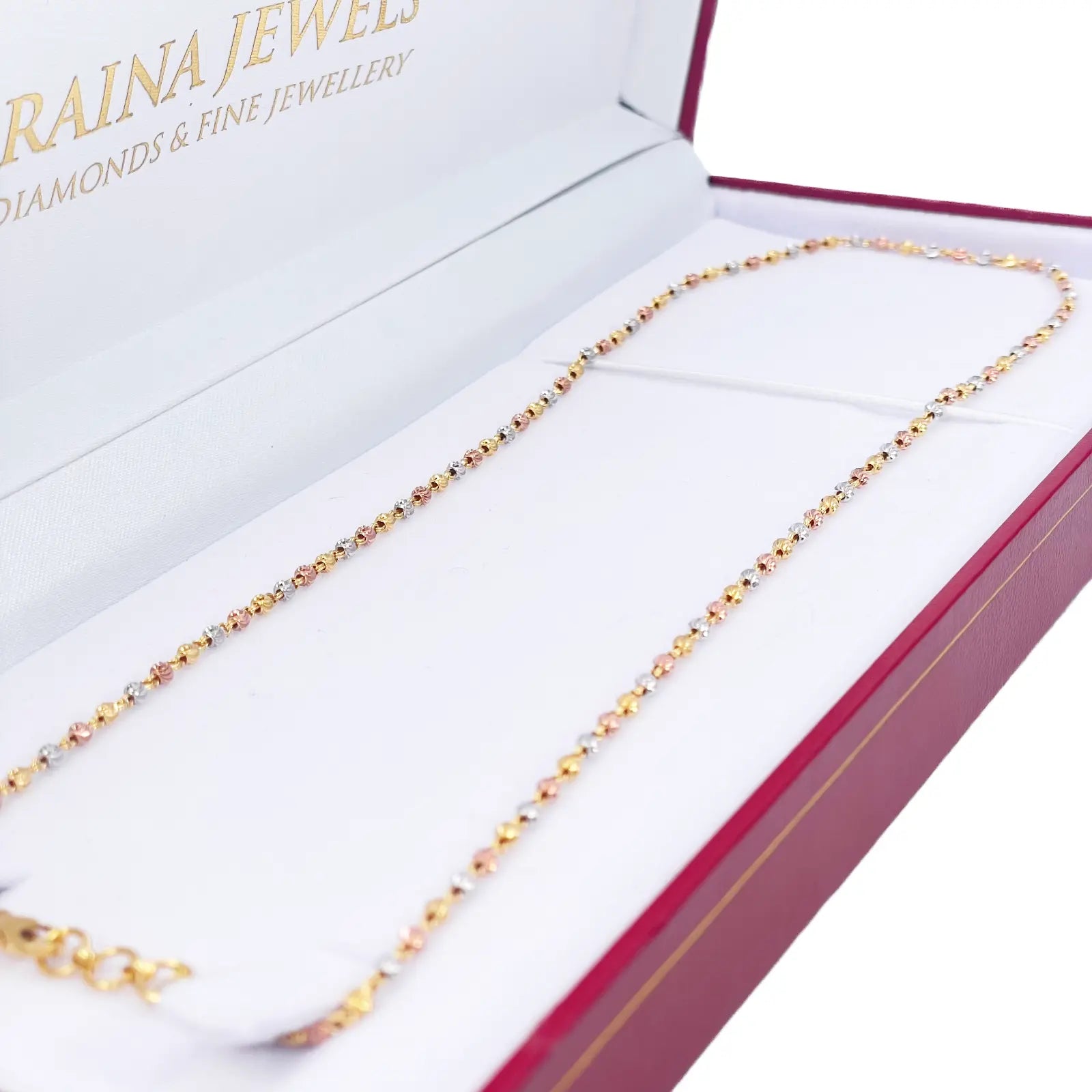 22ct Yellow Gold Tri-Colour Diamond Cut Ball Beaded Necklace 18 Inches 2.3 Width 