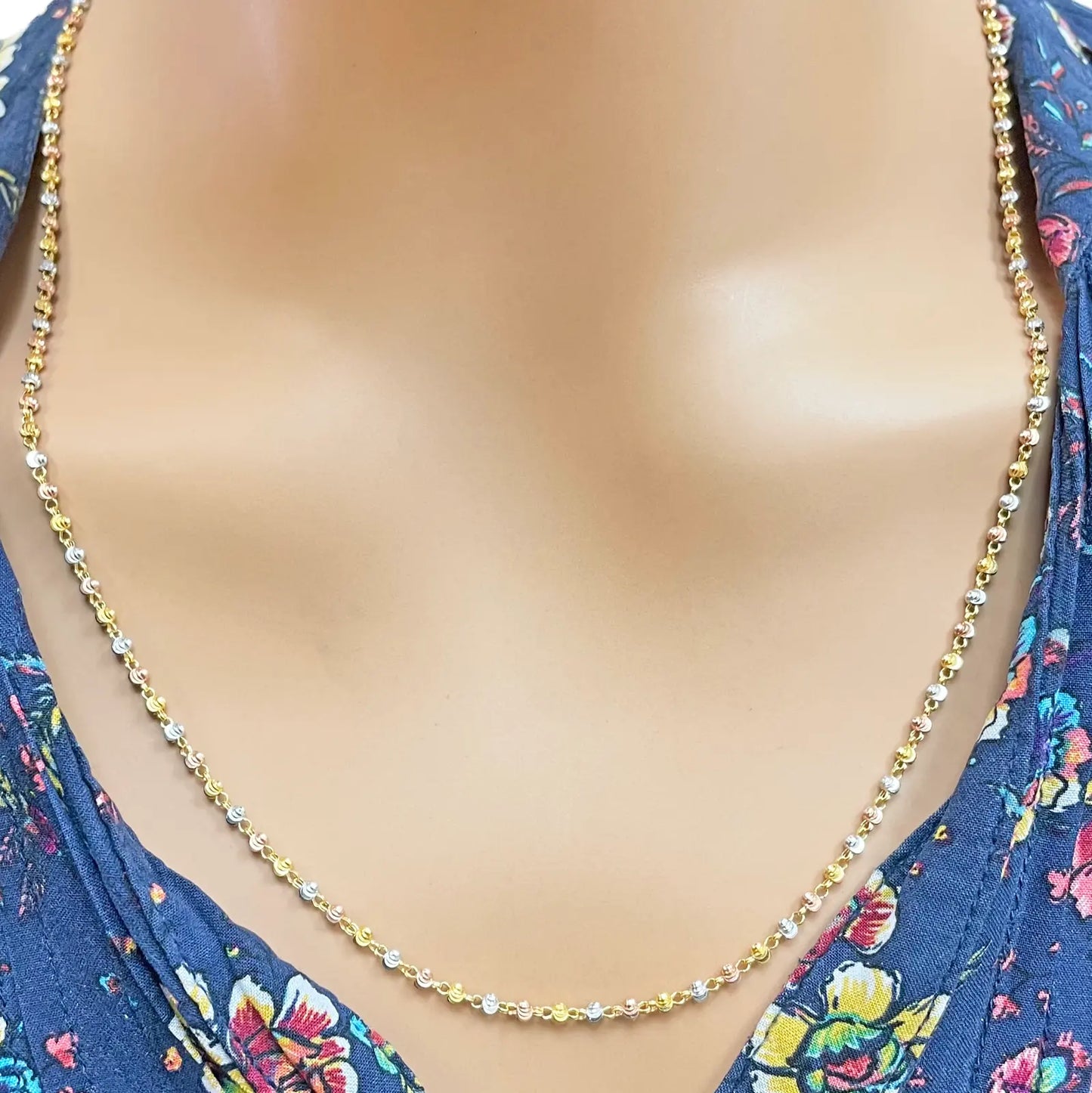 22ct Yellow Gold Tri-Colour Diamond Cut Ball Beaded Necklace 22 Inches 2.3 Width 