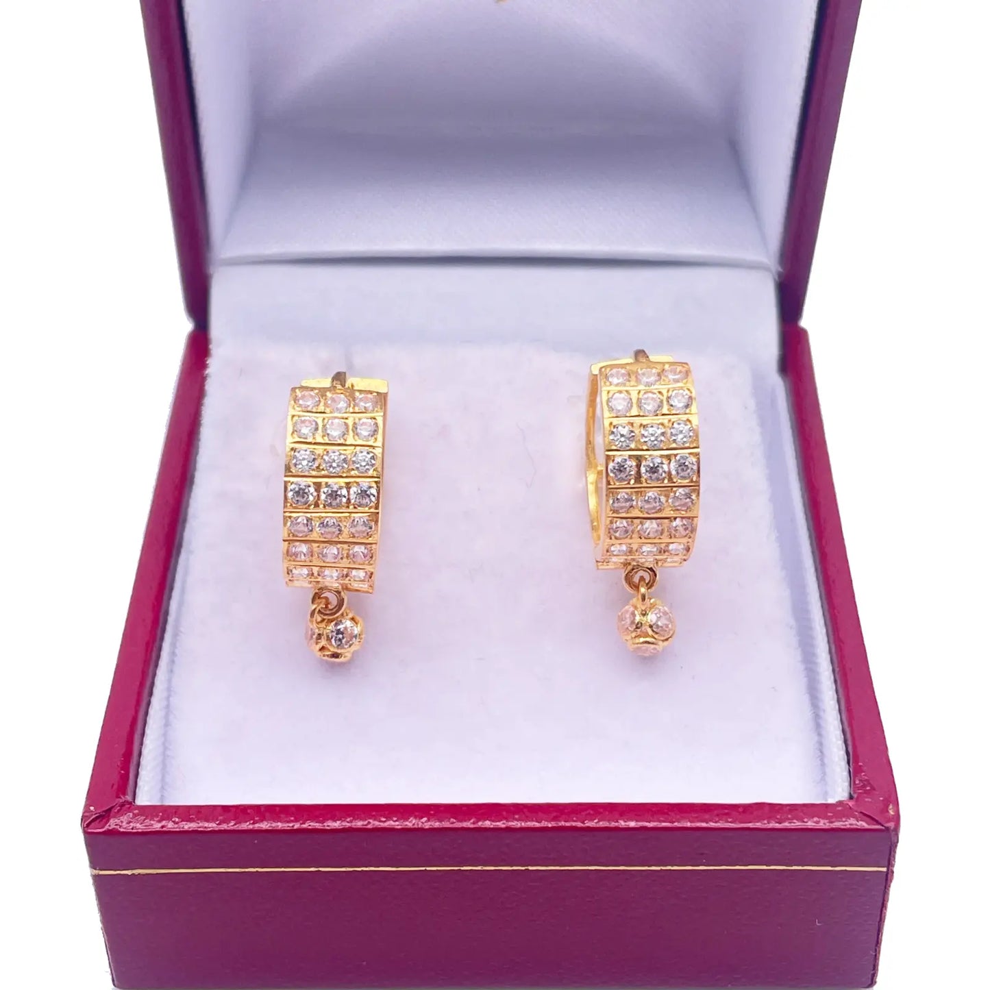 22ct Yellow Gold Triple Row Cubic Zirconia Drop Ball Hoop Huggies Earrings  Gold earring