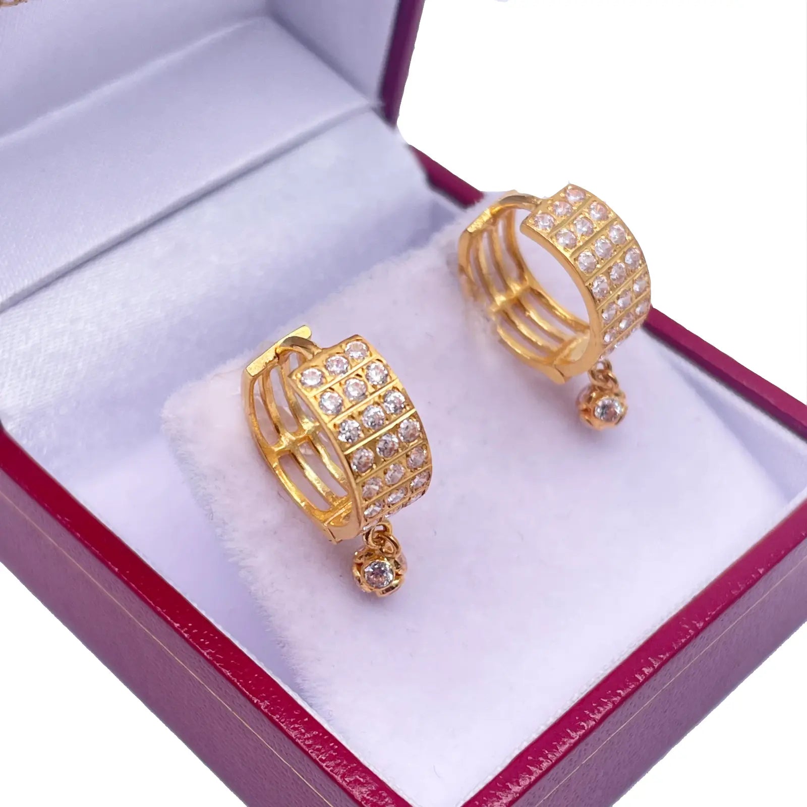 22ct Yellow Gold Triple Row Cubic Zirconia Drop Ball Hoop Huggies Earrings  Gold earring