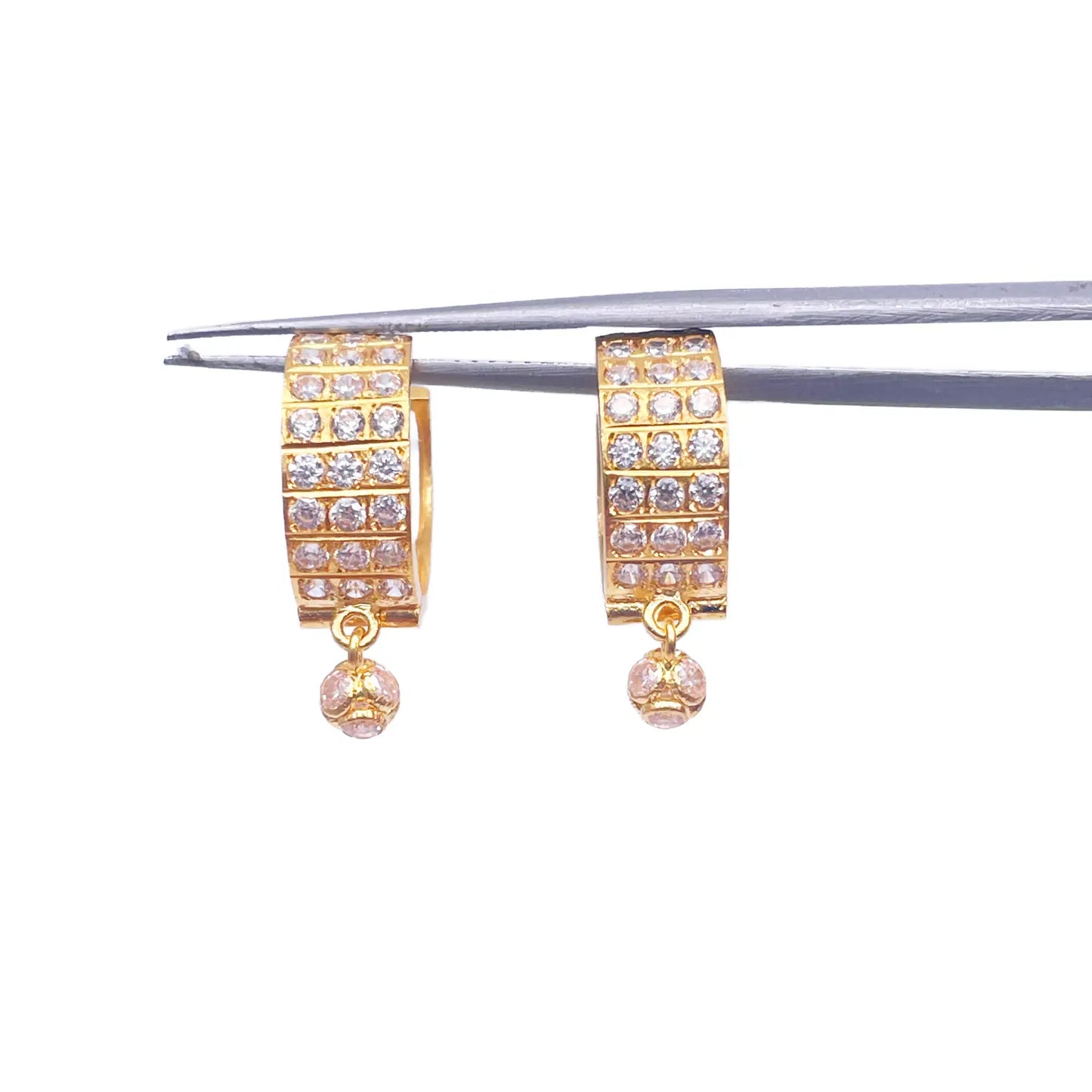 22ct Yellow Gold Triple Row Cubic Zirconia Drop Ball Hoop Huggies Earrings  Gold earring