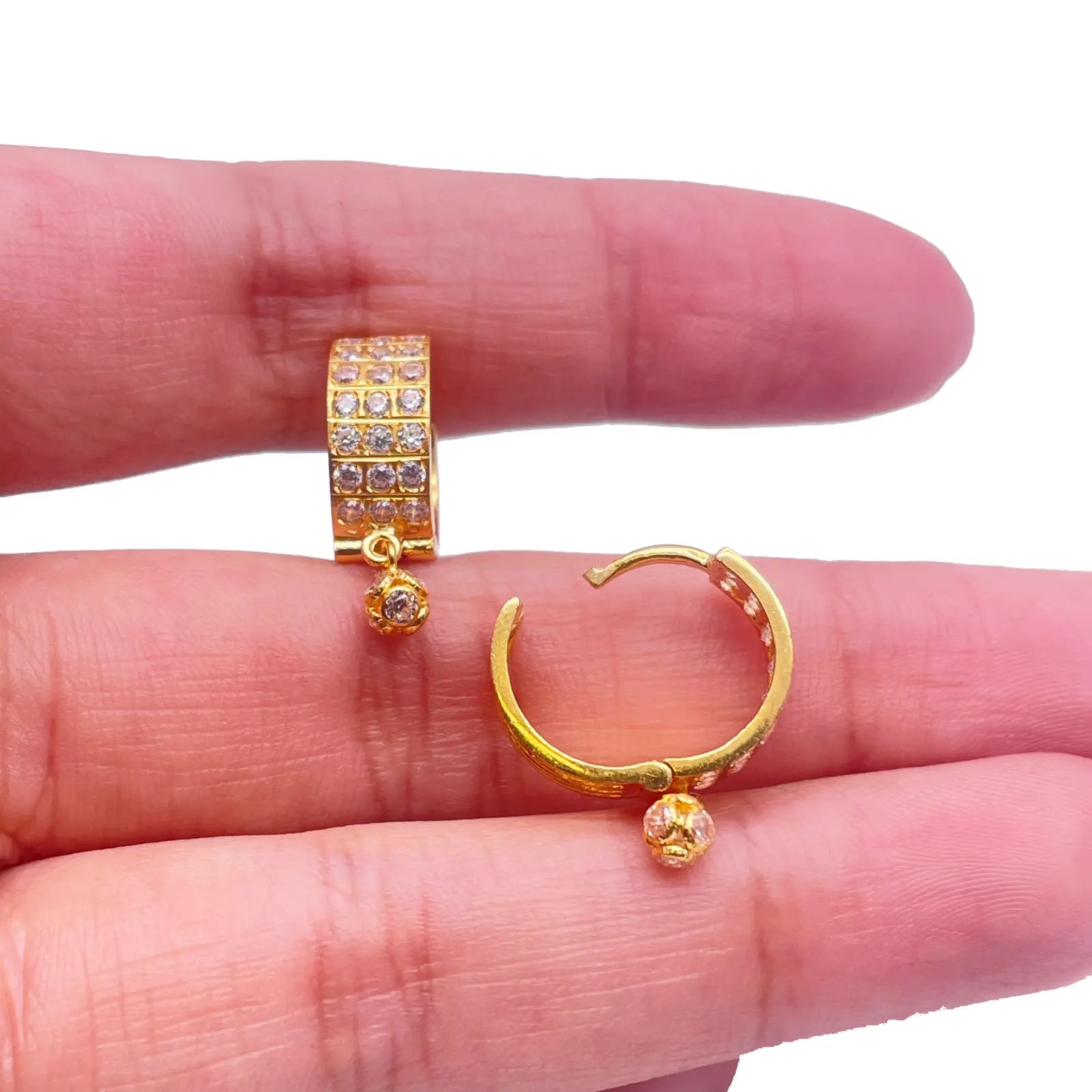22ct Yellow Gold Triple Row Cubic Zirconia Drop Ball Hoop Huggies Earrings  Gold earring