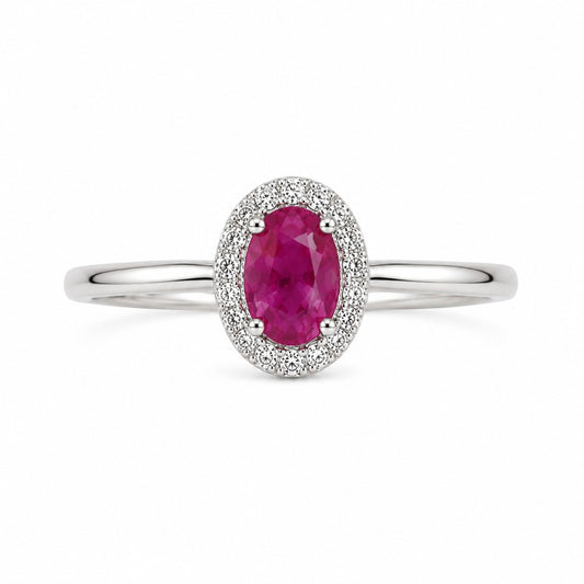 9ct White Gold Ruby & Diamond Oval Halo Cluster Ring 0.62ct
