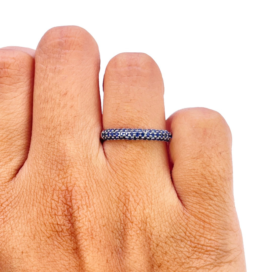 14ct White Gold Blue Sapphire 3 Row Dome Shaped Pave Set Ring 0.40ct