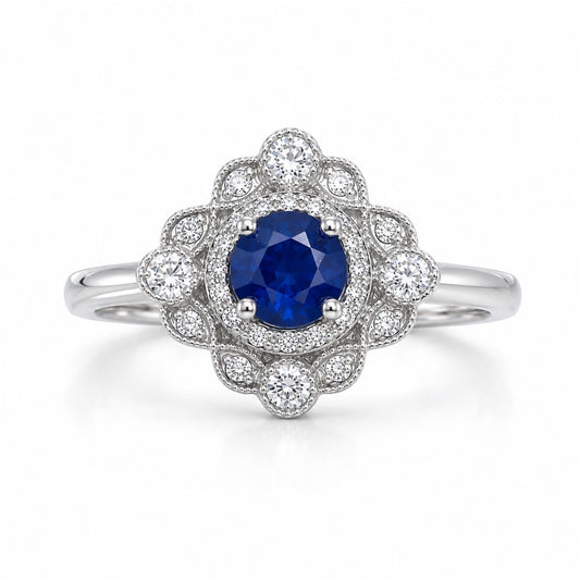 14ct White Gold Natural Sapphire & Diamond Vintage-Style Halo Ring 0.82ct