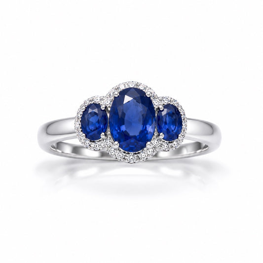 18ct White Gold Sapphire & Diamond Trilogy Halo Ring Oval 1.76ct