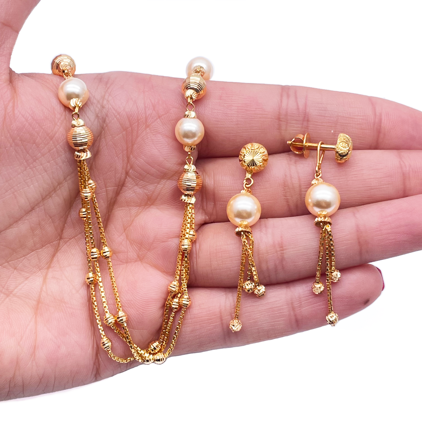 22ct Yellow Gold Pearls & Beaded Diamond Cut Ball Layered Necklace/Earrings Set