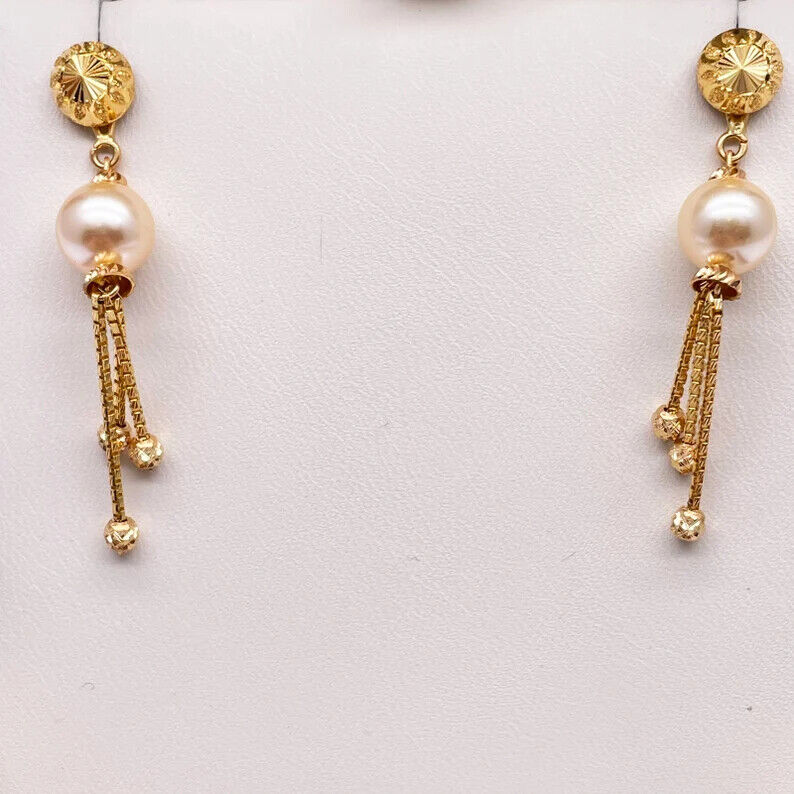22ct Yellow Gold Pearls & Beaded Diamond Cut Ball Layered Necklace/Earrings Set