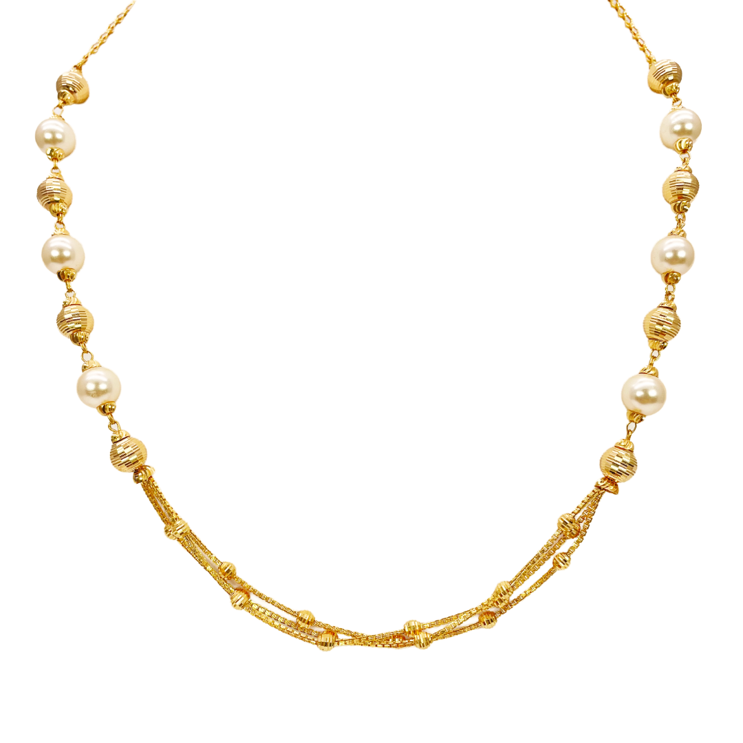 22ct Yellow Gold Pearls & Beaded Diamond Cut Ball Layered Necklace/Earrings Set