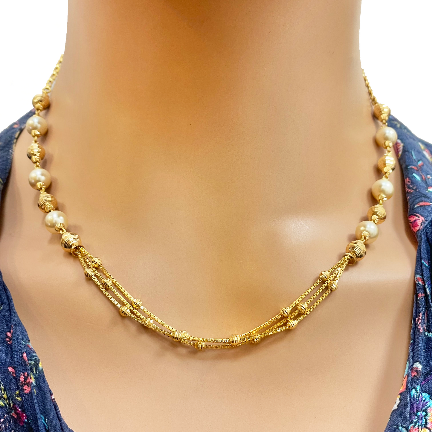 22ct Yellow Gold Pearls & Beaded Diamond Cut Ball Layered Necklace/Earrings Set