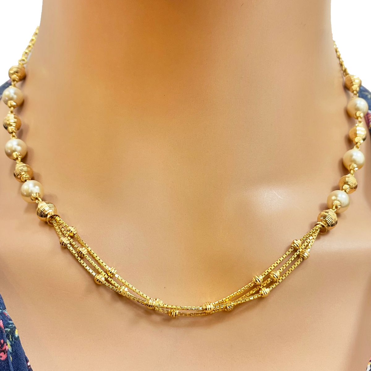 22ct Yellow Gold Pearls & Beaded Diamond Cut Ball Layered Necklace/Earrings Set