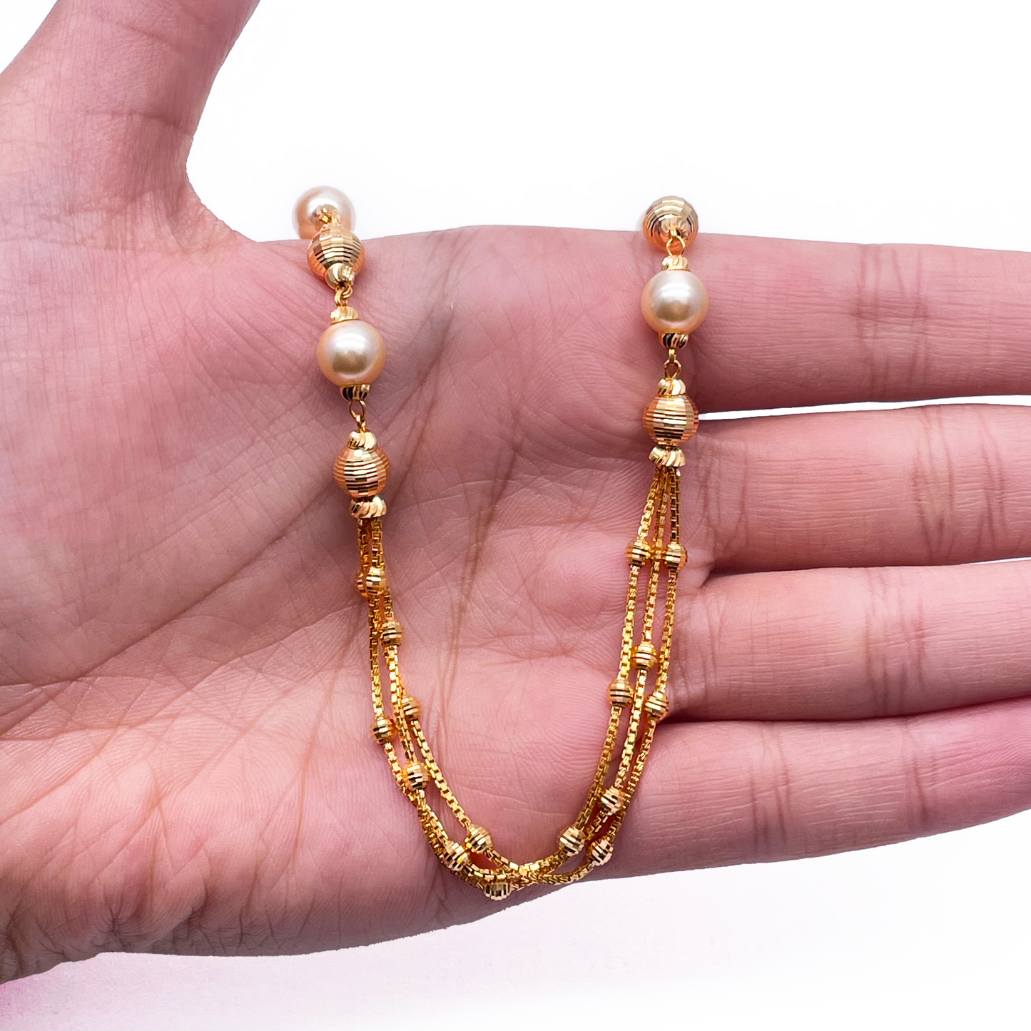 22ct Yellow Gold Pearls & Beaded Diamond Cut Ball Layered Necklace/Earrings Set