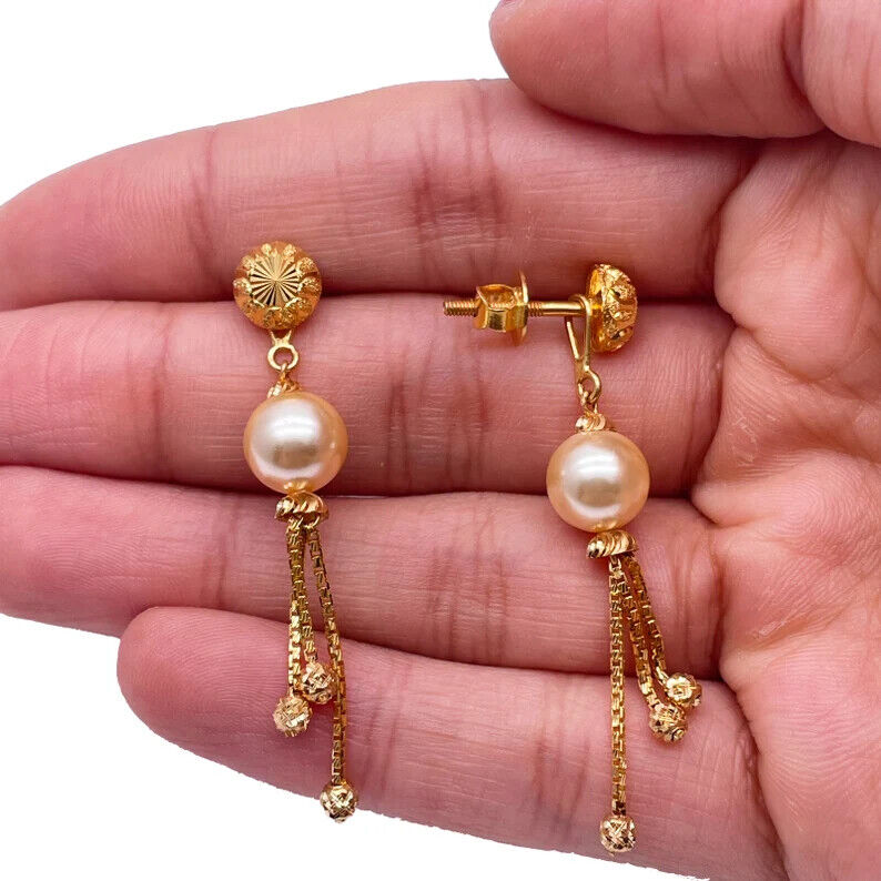 22ct Yellow Gold Pearls & Beaded Diamond Cut Ball Layered Necklace/Earrings Set