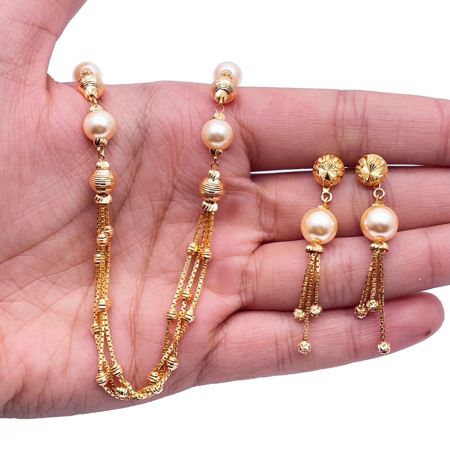 22ct Yellow Gold Pearls & Beaded Diamond Cut Ball Layered Necklace/Earrings Set