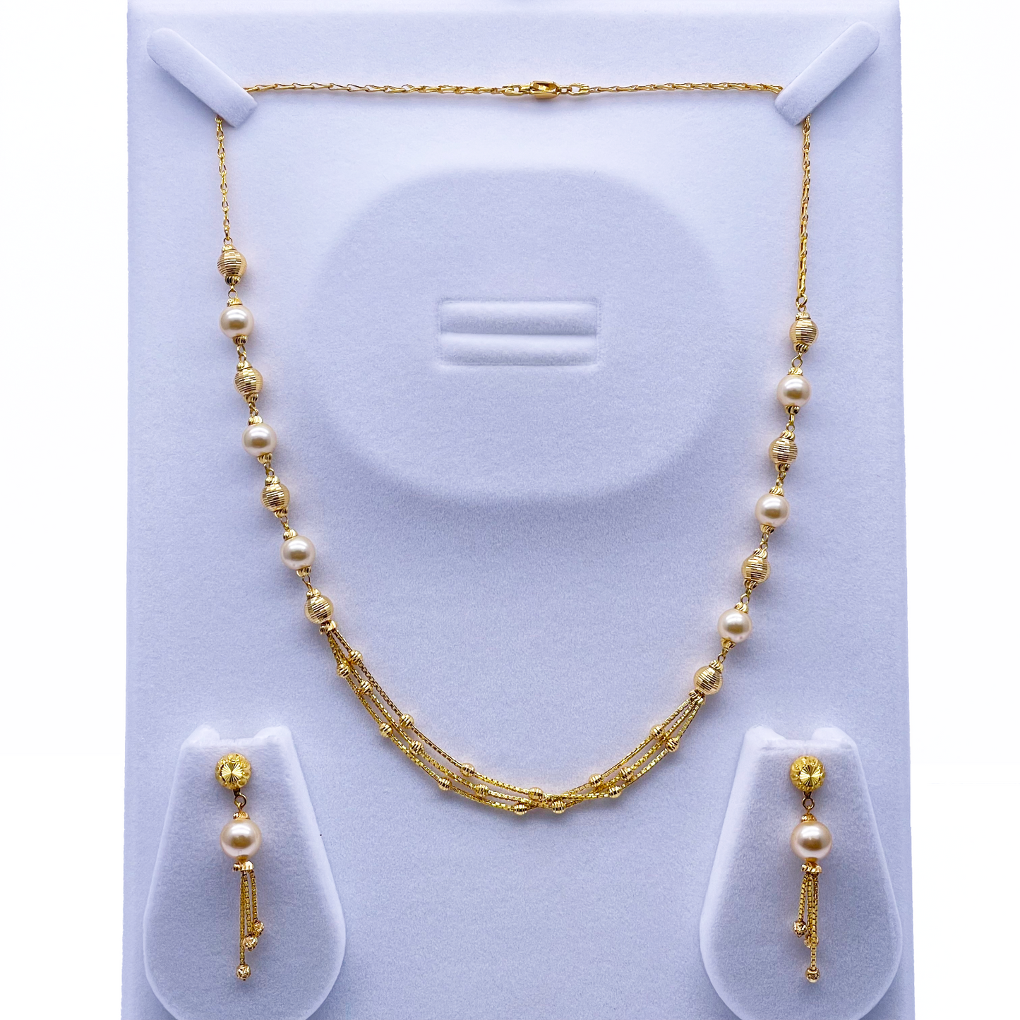 22ct Yellow Gold Pearls & Beaded Diamond Cut Ball Layered Necklace/Earrings Set