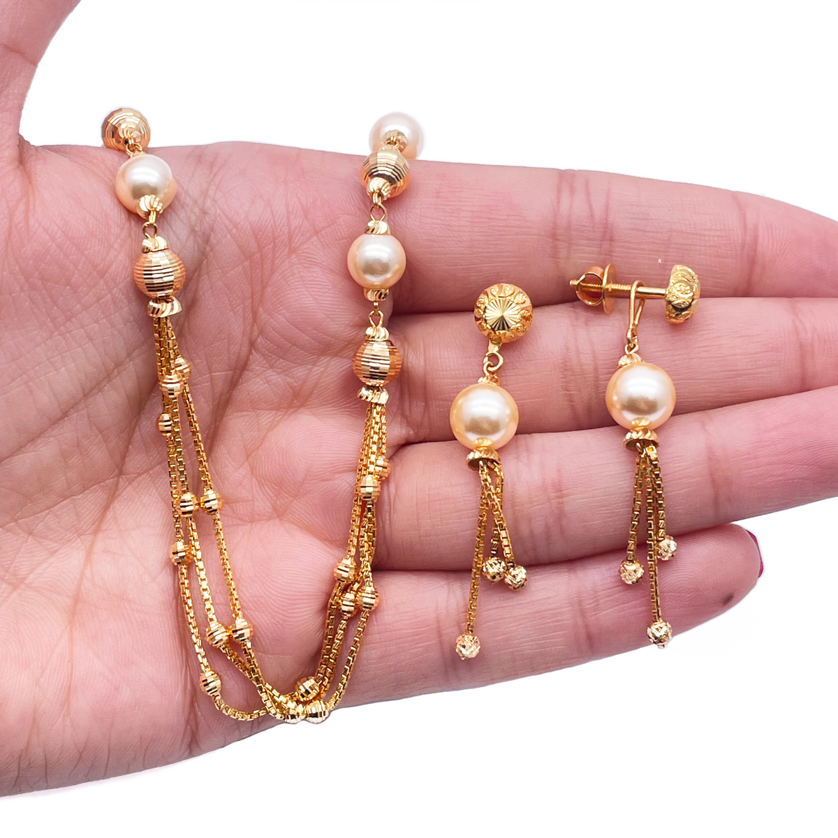 22ct Yellow Gold Pearls & Beaded Diamond Cut Ball Layered Necklace/Earrings Set