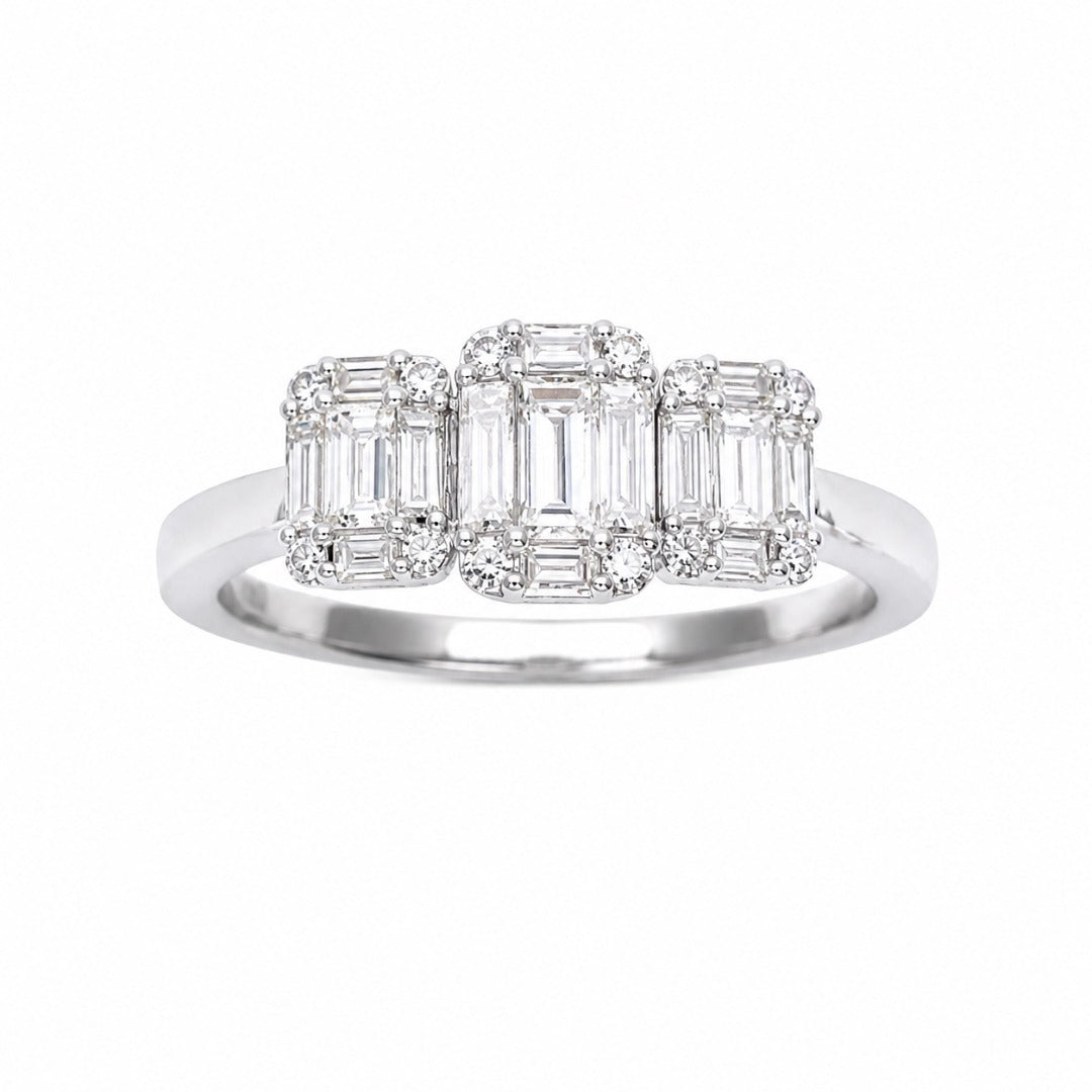 18ct White Gold Natural Diamond Round & Baguette Trilogy Cluster Ring 0.58ct
