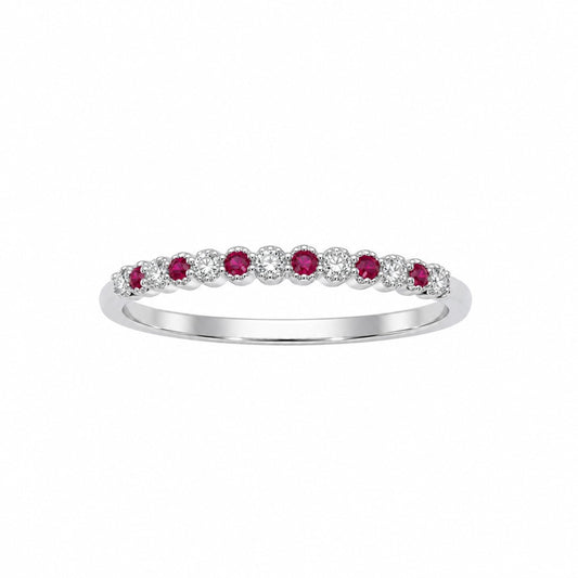 18ct White Gold Diamond & Ruby Half Eternity Milgrain Stackable Band 0.09ct
