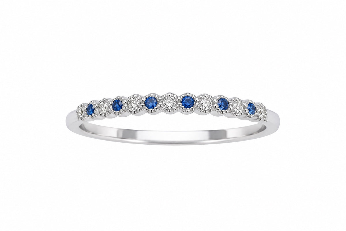 18ct White Gold Sapphire & Diamond Stackable Milgrain Ring 0.09ct