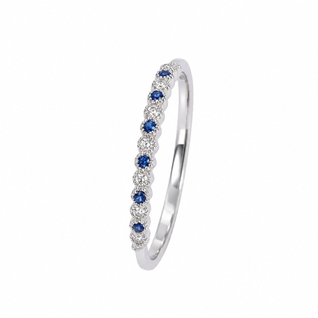 18ct White Gold Sapphire & Diamond Stackable Milgrain Ring 0.09ct