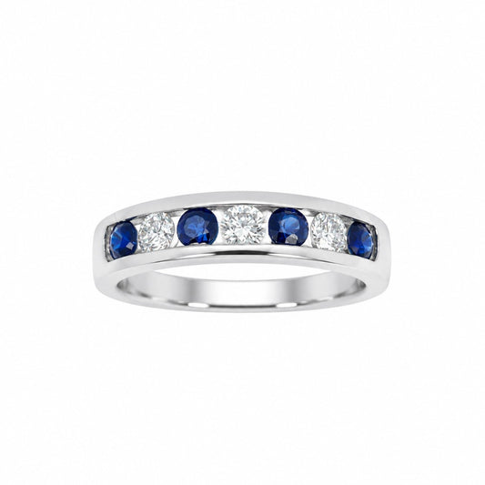 18ct White Gold Diamond & Sapphire 7 Stone Half Eternity Channel Set Ring 0.80ct