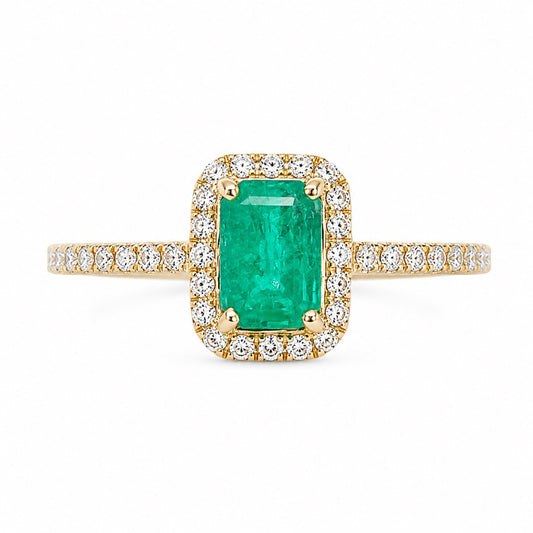 14ct Yellow Gold 4-Claw Natural Emerald & Round Diamond Ring 1.22ct