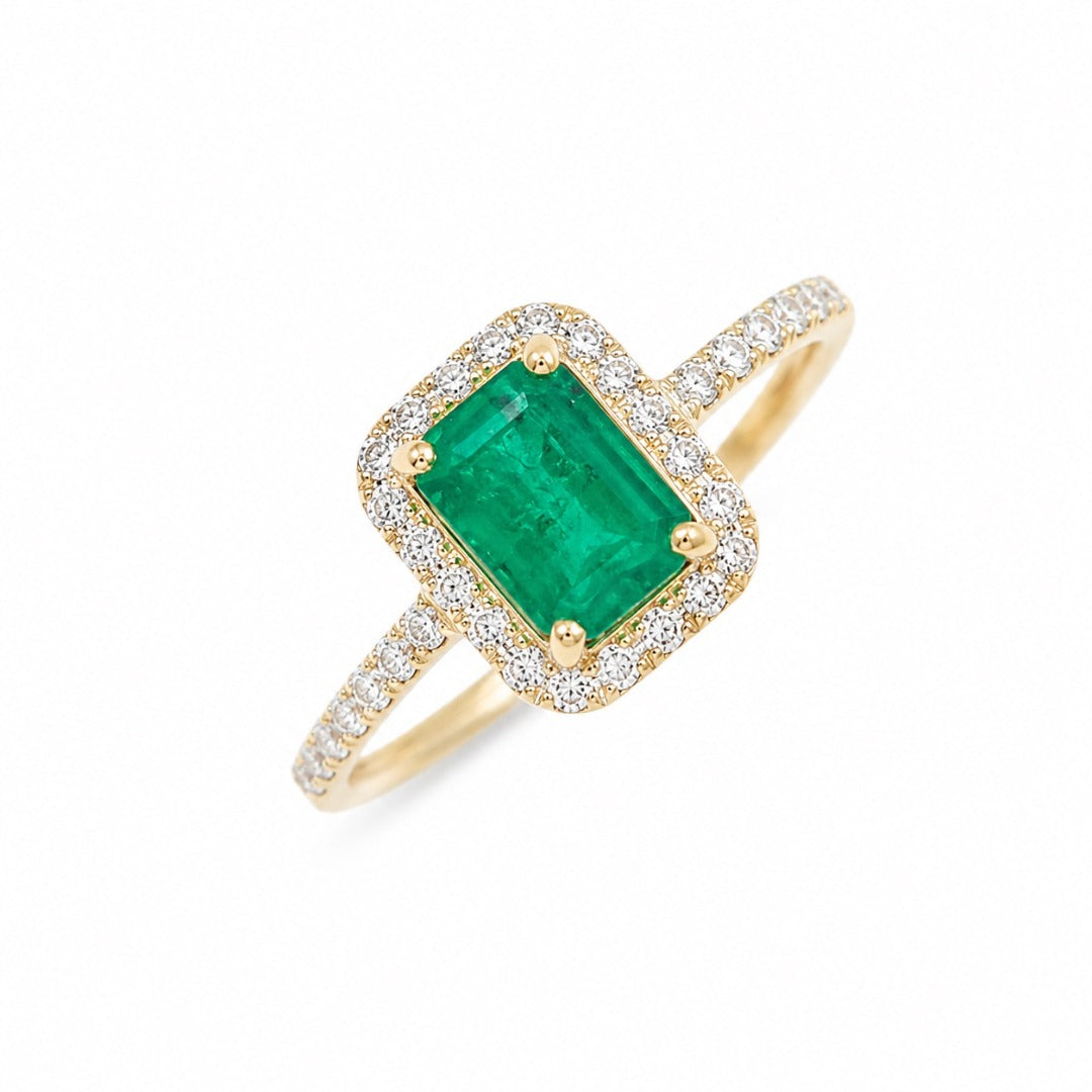 14ct Yellow Gold 4-Claw Natural Emerald & Round Diamond Ring 1.22ct