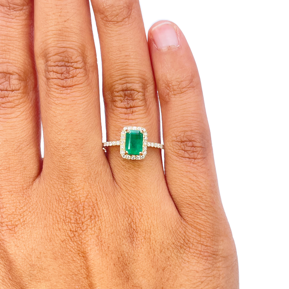 14ct Yellow Gold 4-Claw Natural Emerald & Round Diamond Ring 1.22ct