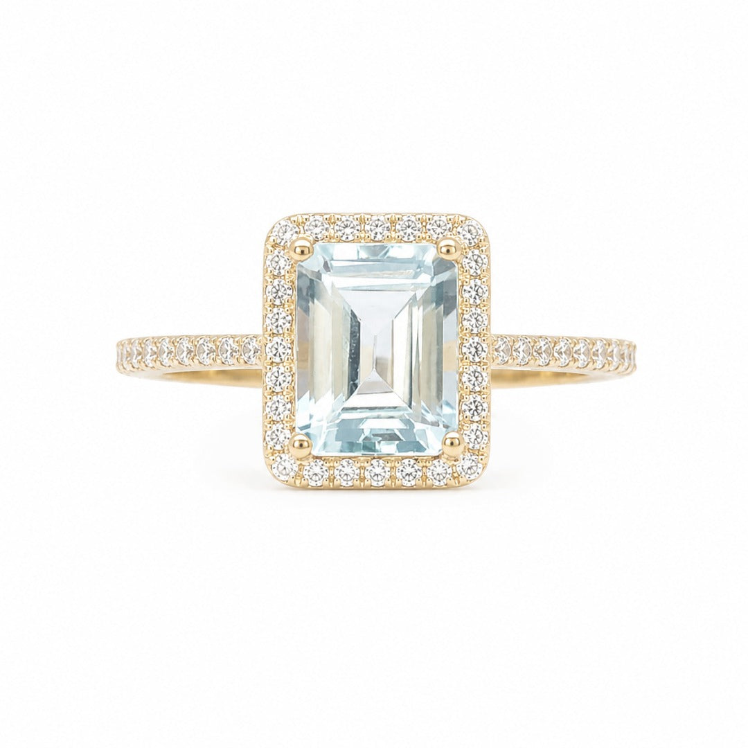 9ct Yellow Gold Emerald-Cut Aquamarine & Round Diamond Halo Ring 1.73ct