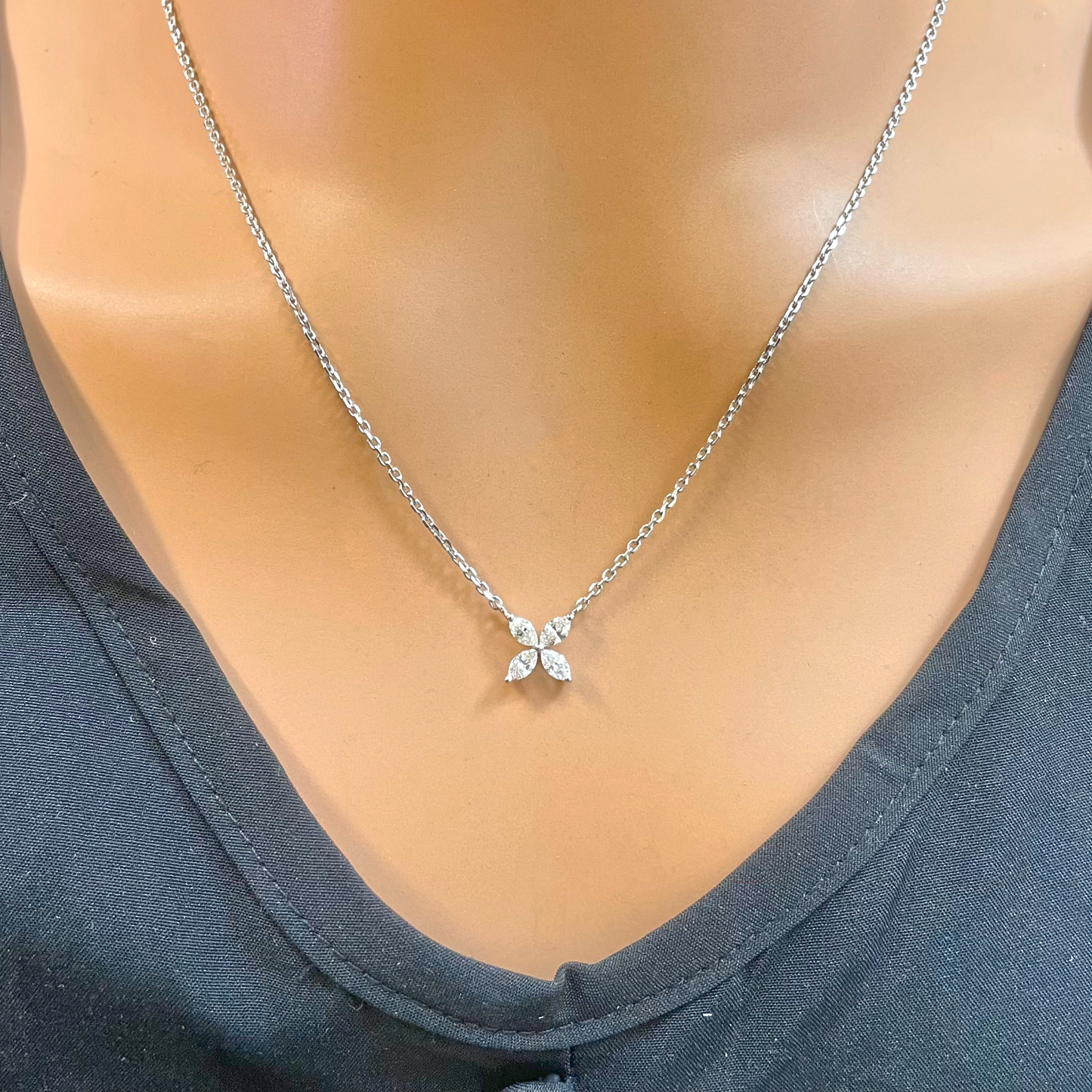 18ct White Gold Marquise Diamond Four-Leaf Flower Pendant Necklace ? 0.45ct