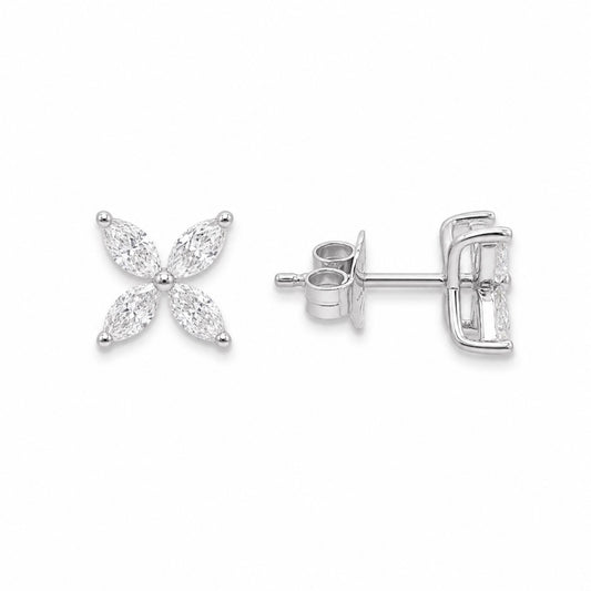 18ct White Gold Marquise Diamond Four-Leaf Flower Stud Earrings 0.75ct