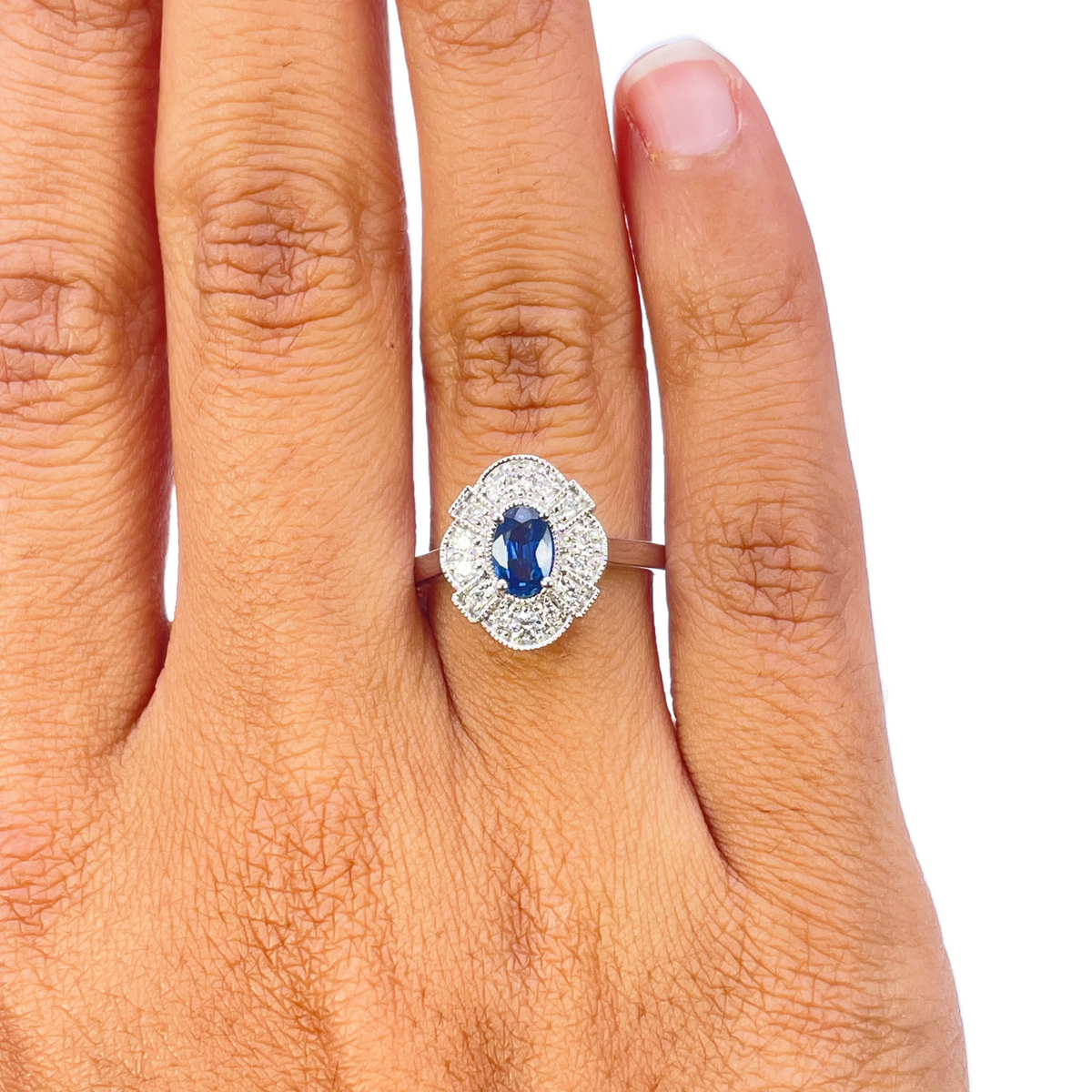 18ct White Gold Oval Blue Sapphire & Diamond Cluster Milgrain Ring 0.65ct