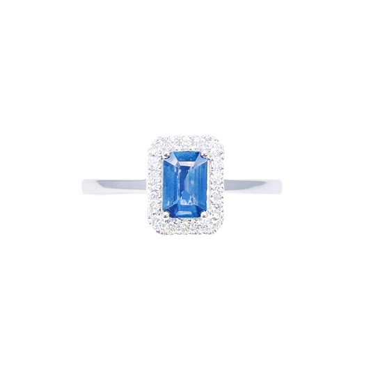 18ct White Gold Emerald Cut Blue Sapphire & Diamond Halo Ring 0.79ct