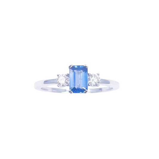 18ct Gold Sapphire Diamond Ring Natural Round & Emerald Cut Three-Stone 0.80ct