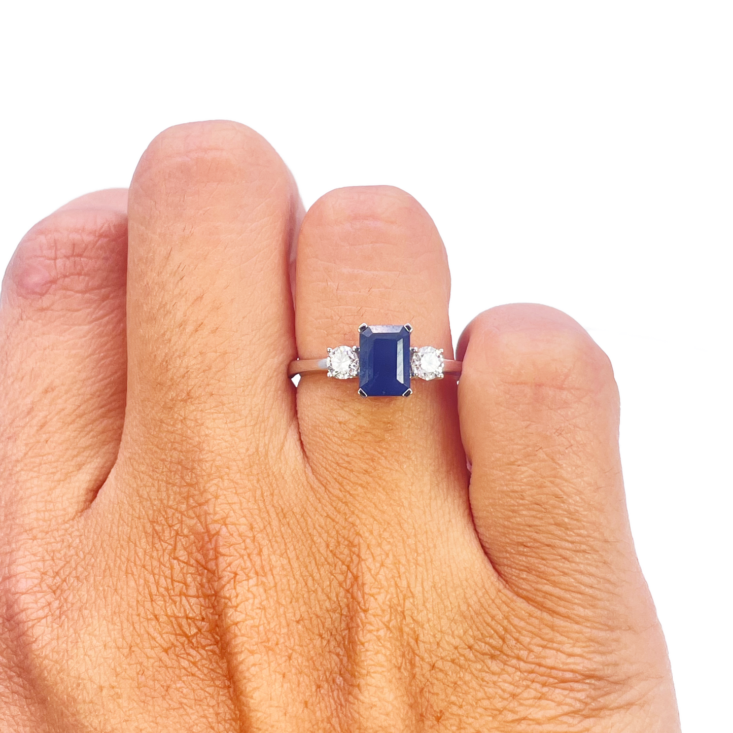 18ct Gold Sapphire Diamond Ring Natural Round & Emerald Cut Three-Stone 1.47ct