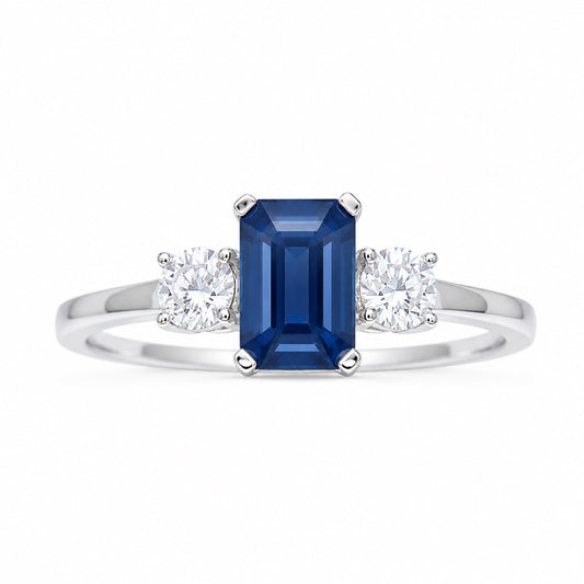 18ct Gold Sapphire Diamond Ring Natural Round & Emerald Cut Three-Stone 1.47ct