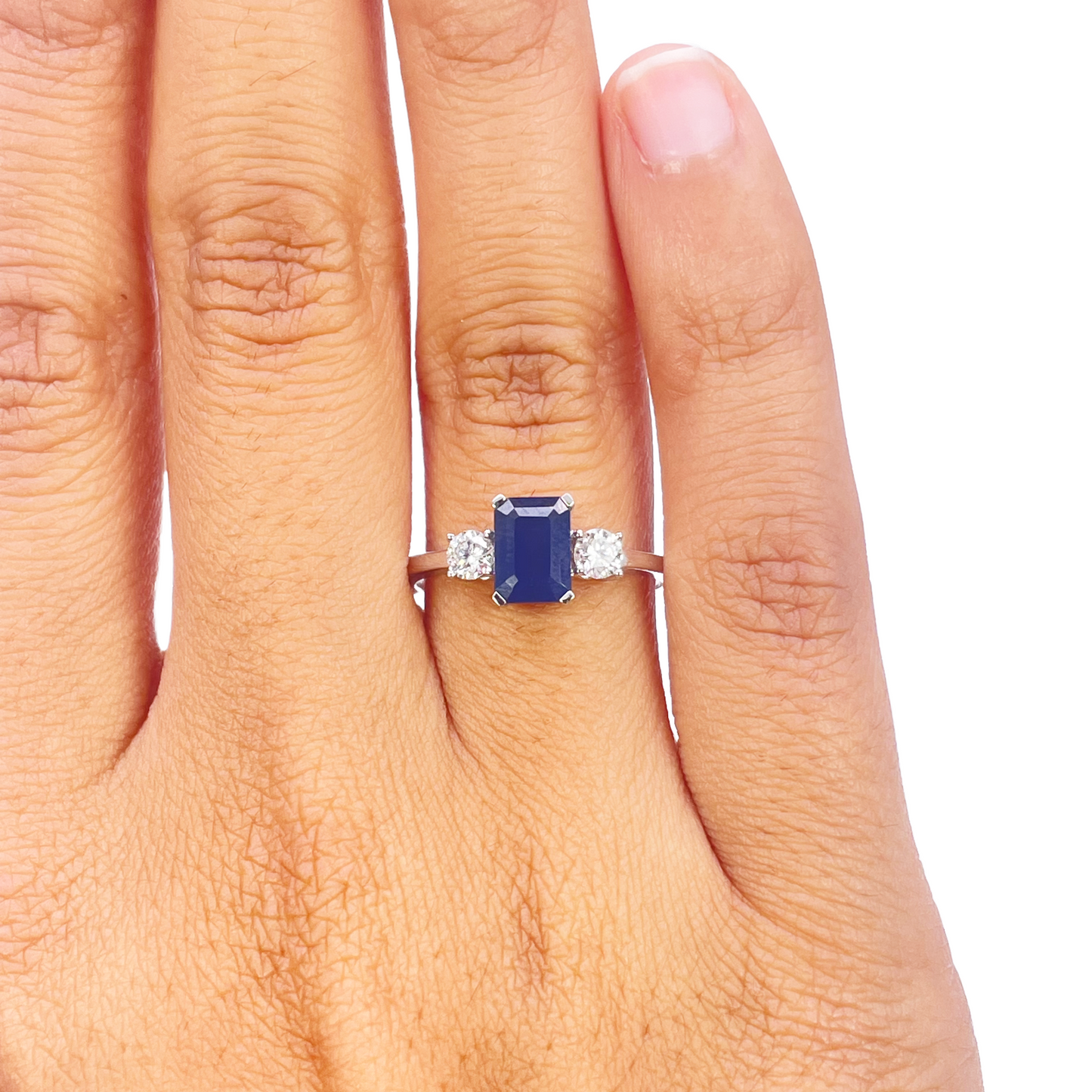 18ct Gold Sapphire Diamond Ring Natural Round & Emerald Cut Three-Stone 1.47ct