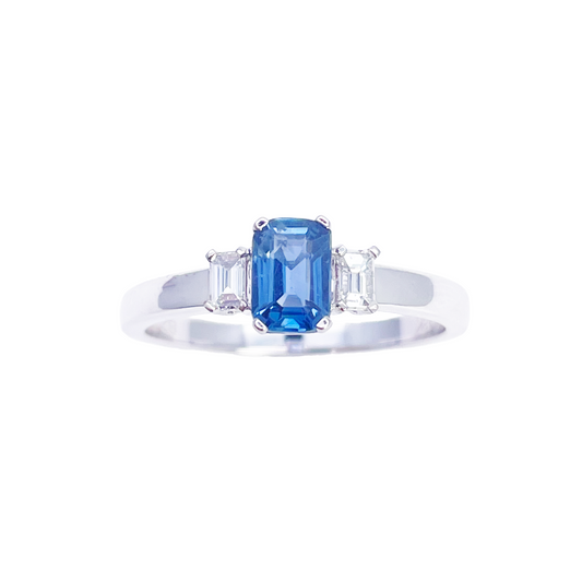 18ct Gold Sapphire Diamond Ring Natural Baguette & Emerald Cut 0.86ct