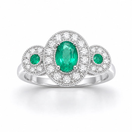 18ct Gold Natural Emerald Diamond Ring Round & Oval Cut 0.80ct