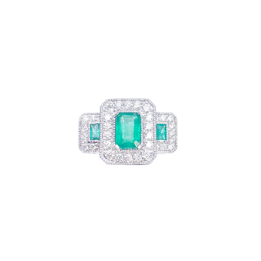 18ct Gold Natural Emerald Diamond Halo Ring Round & Emerald Cut 0.95ct