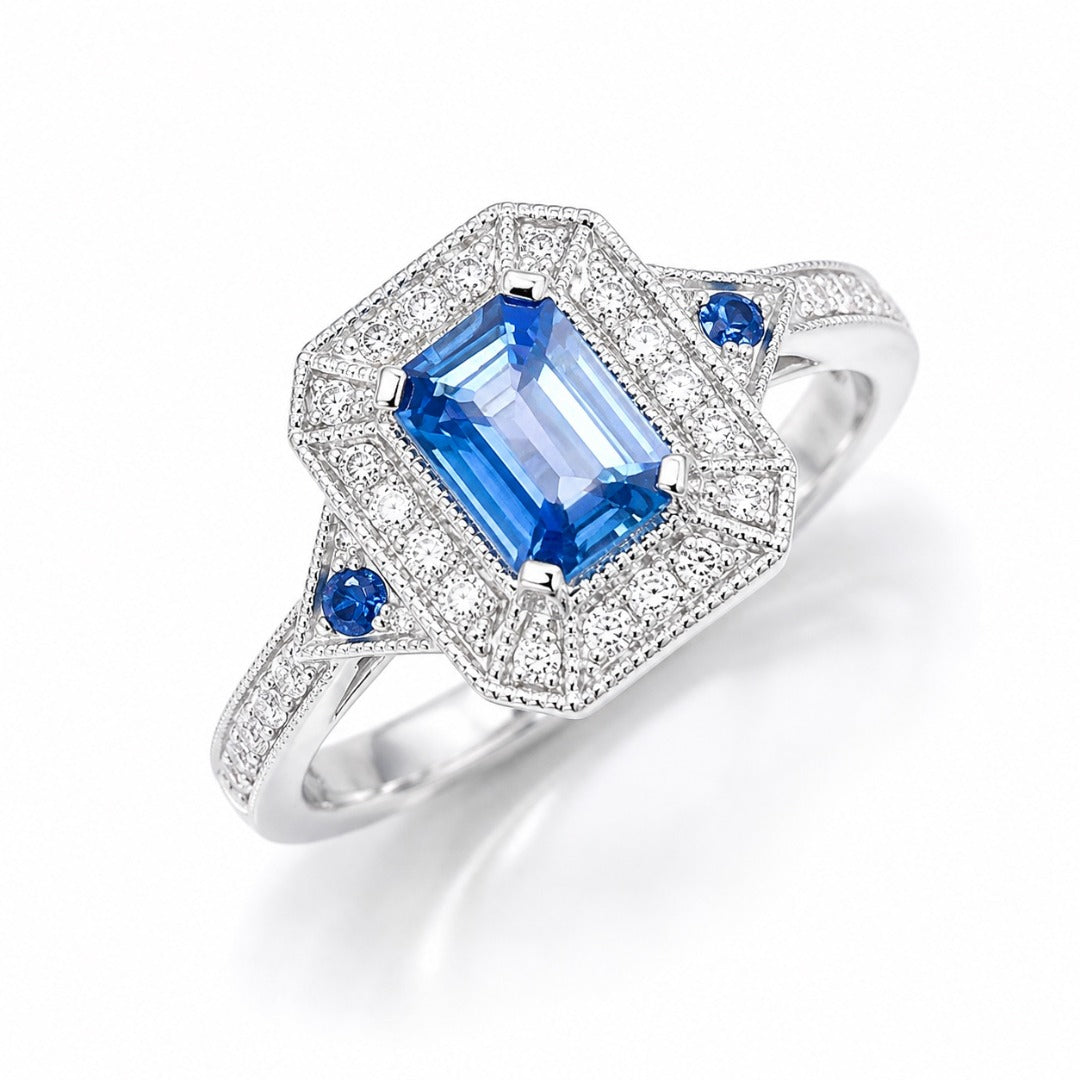 18ct Gold Natural Sapphire Diamond Halo Ring Round & Emerald Cut 0.95ct