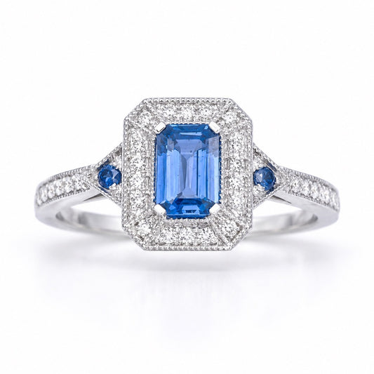 18ct Gold Natural Sapphire Diamond Halo Ring Round & Emerald Cut 0.95ct