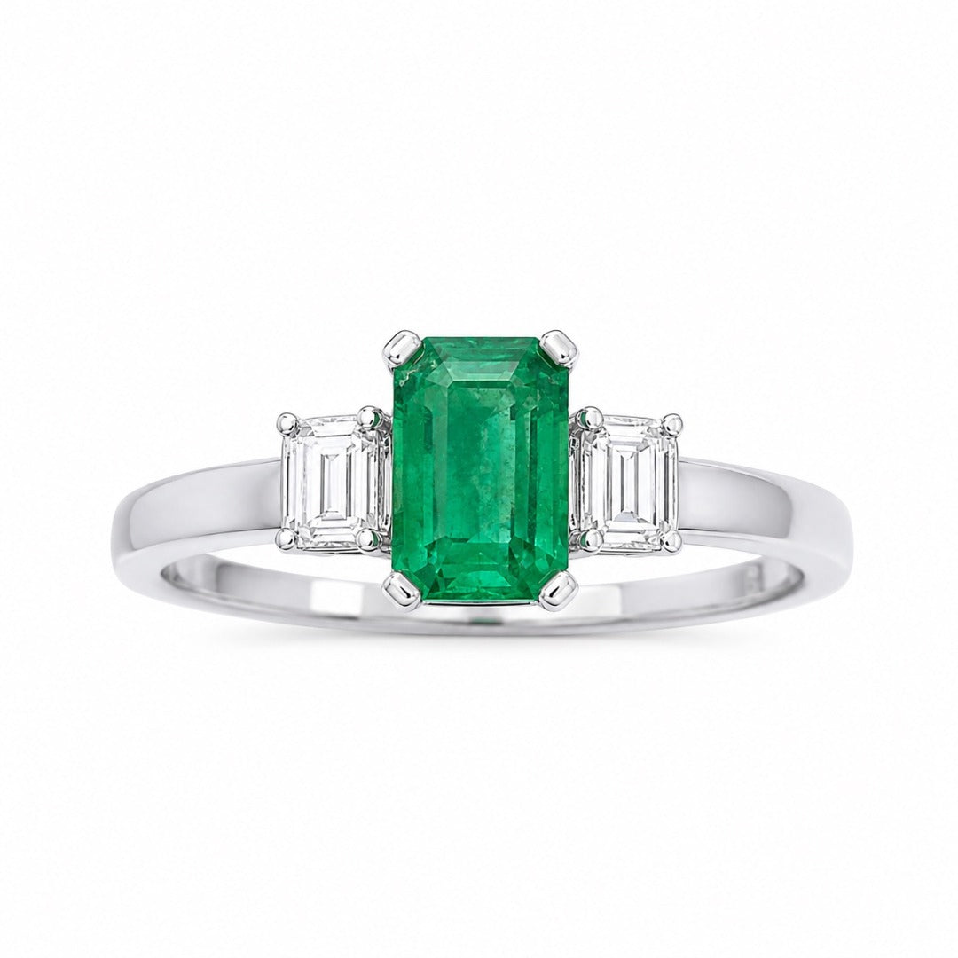 18ct Gold Emerald Diamond Ring Natural Baguette & Emerald Cut 0.75ct