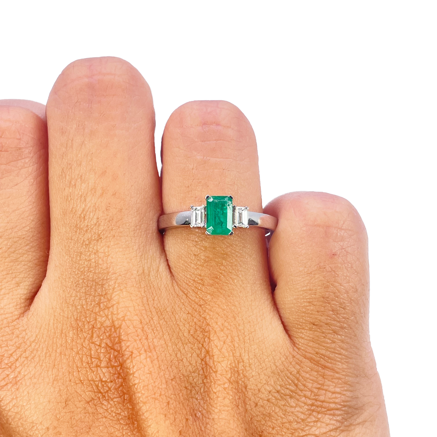 18ct Gold Emerald Diamond Ring Natural Baguette & Emerald Cut 0.75ct